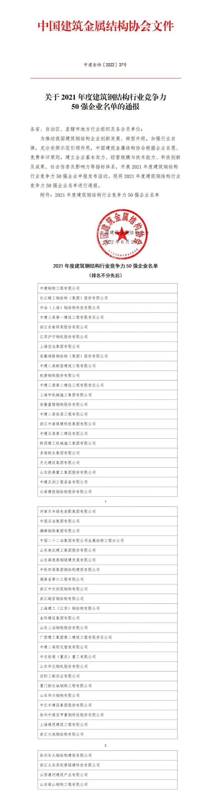 2021年度建筑钢结构行业竞争力50强企业榜单通报，中建钢构连续10年蝉联榜首